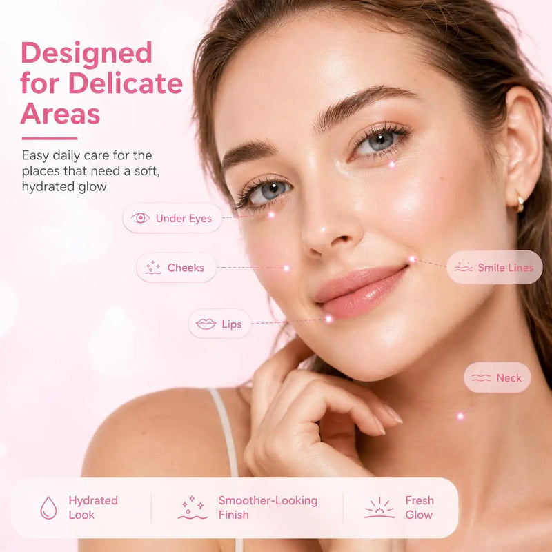 Woman with a soft, hydrated glow on her face with text about product benefits.
